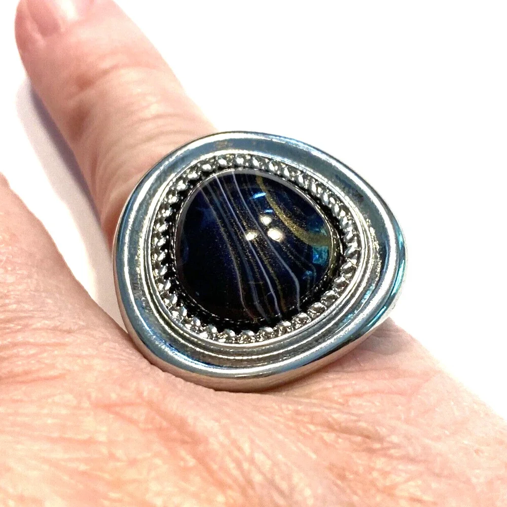 Cocktail Ring Silvertone Black Brown Stone Mod Abstract Fashion Jewelry Sz 5.75